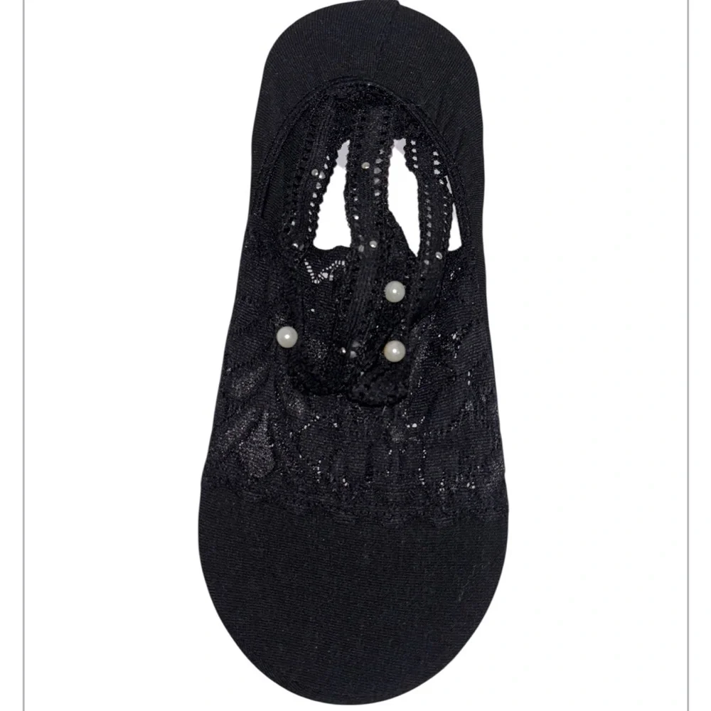 Pearl Lace Black No Show Socks Cotton Four Pair Ankle Strap White Pearl Accents